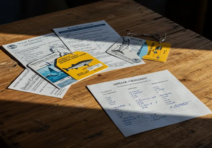 Fishing validations and report cards for California, including ocean enhancement and sturgeon tags, on a table. 