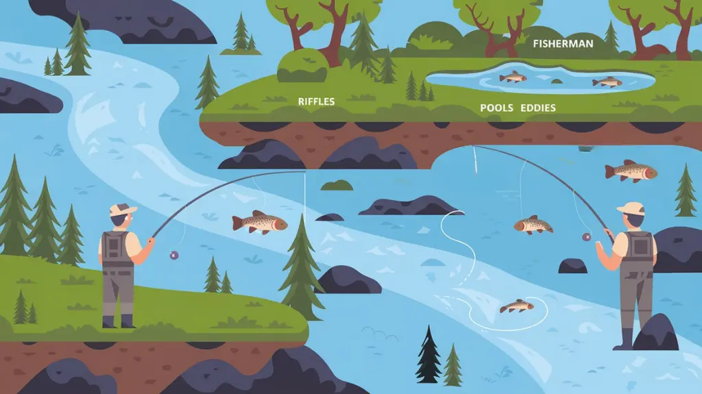 Infographic showing how to identify trout hotspots in a river, with riffles, pools, and eddies marked.  