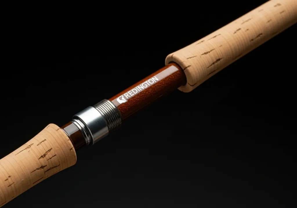 Close-up of a Redington fly rod handle and reel seat, showcasing premium cork and lightweight aluminum components.