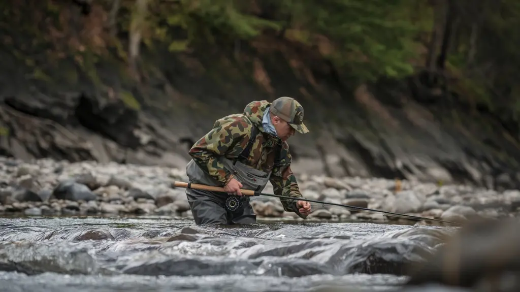 Angler in camouflaged gear using stealth and strategy to approach a fishing eddy.