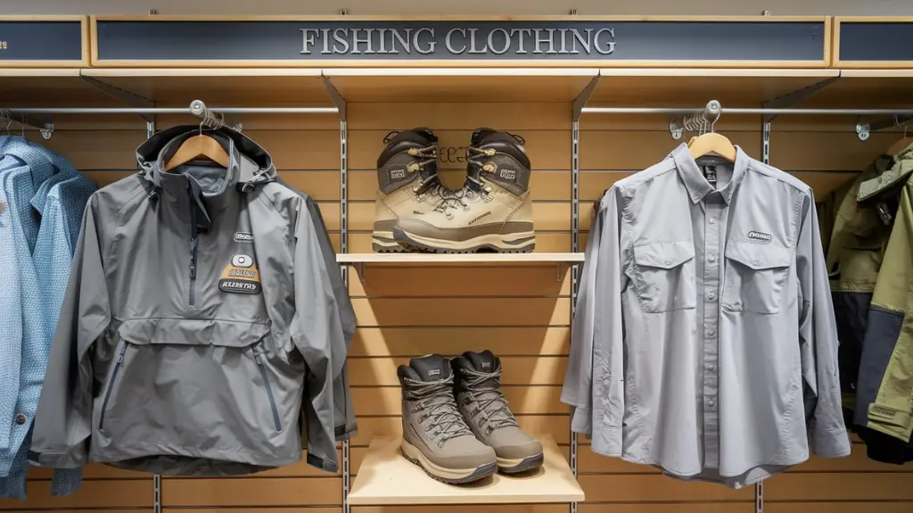 A selection of top-rated fishing clothes with expert recommendations, featuring a waterproof jacket, insulated boots, and a breathable shirt.