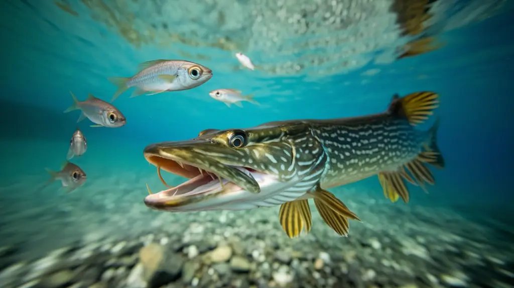 Underwater perspective of a pike stalking prey, showcasing its behavior. 