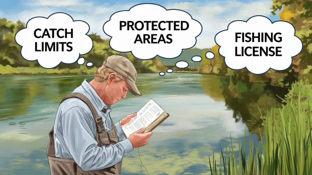 Illustration of a fisherman learning Alaska fishing regulations by a river.