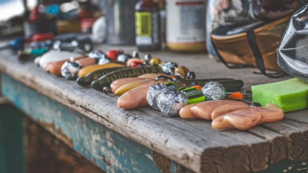 Close-up of popular baits and lures for catfishing, including chicken liver and stink baits.