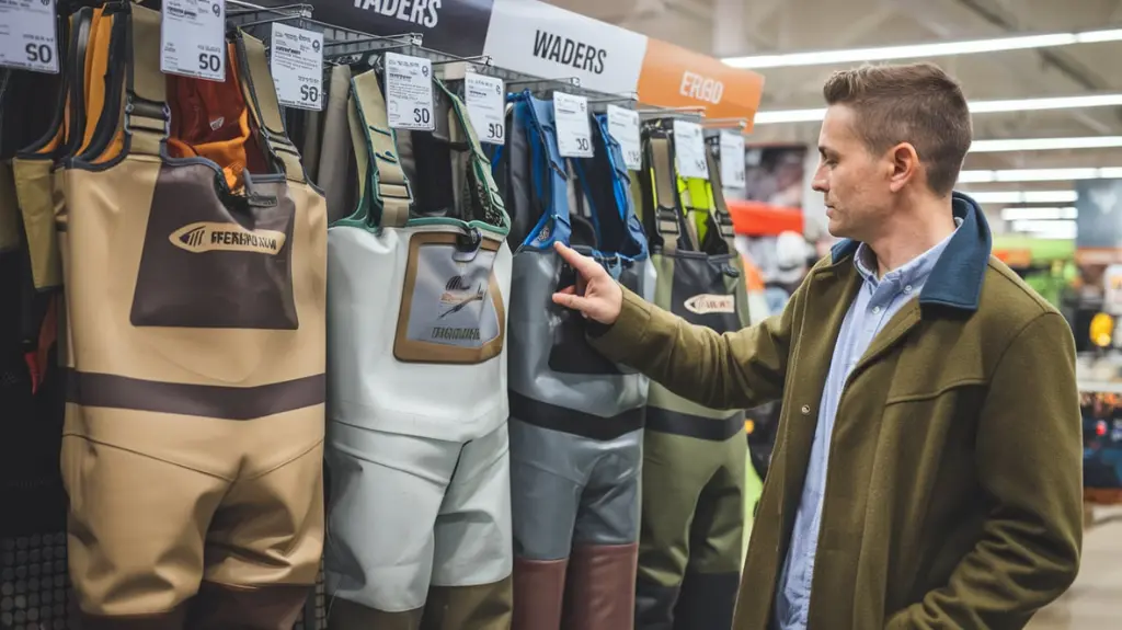 Man examining wader options in a store