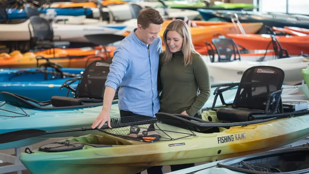 A couple discussing and examining a fishing kayak in a showroom to choose the best 2-person fishing kayak. 