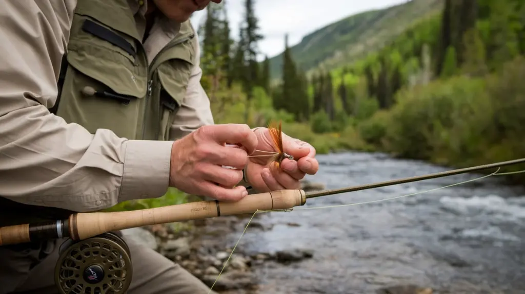 Fly fisherman tying a fly to a rod near a flowing stream, demonstrating trout fishing techniques.