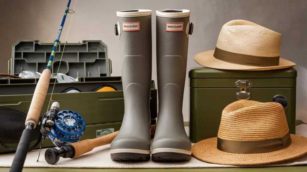 Fishing gear setup featuring rubber boots, a rod, a tackle box, and a hat for a complete angler's kit.