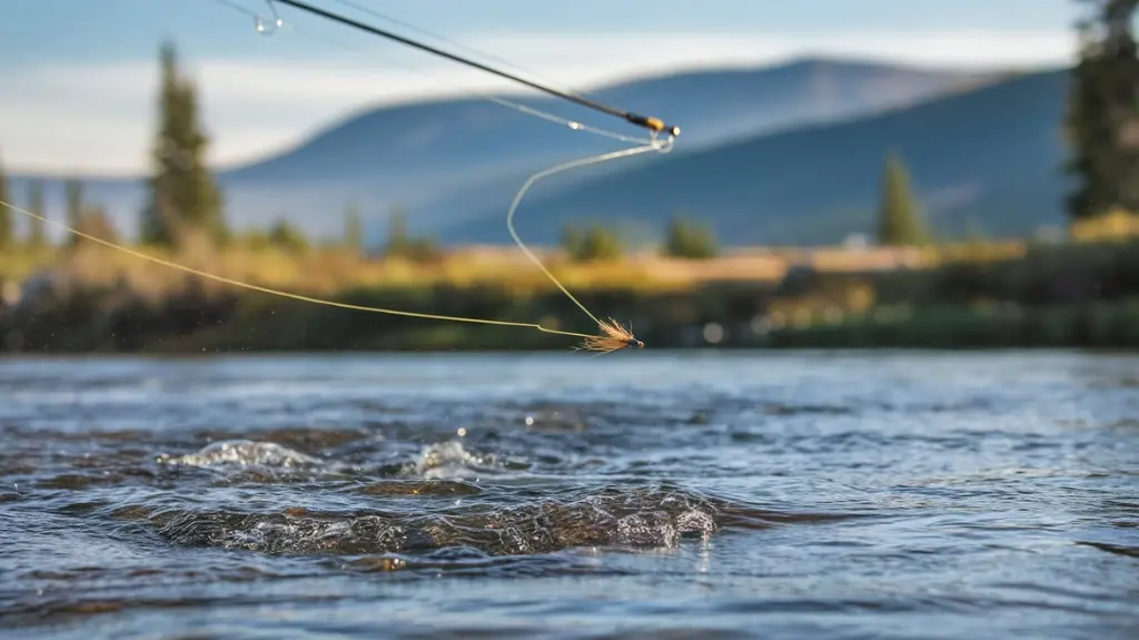 Angler casting a fly fishing rod towards a river eddy, demonstrating fly fishing techniques.