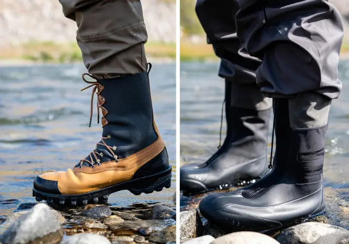 Comparison of wader footwear choices: stockingfoot with separate studded boot versus integrated bootfoot wader.