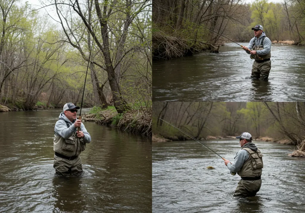 Split-screen showing Redington fly rods used in small creek fishing and wide river fishing for different applications. 