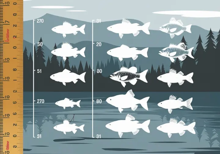 Guide showing fishing hook sizes matched to fish species like trout, bass, and catfish. 