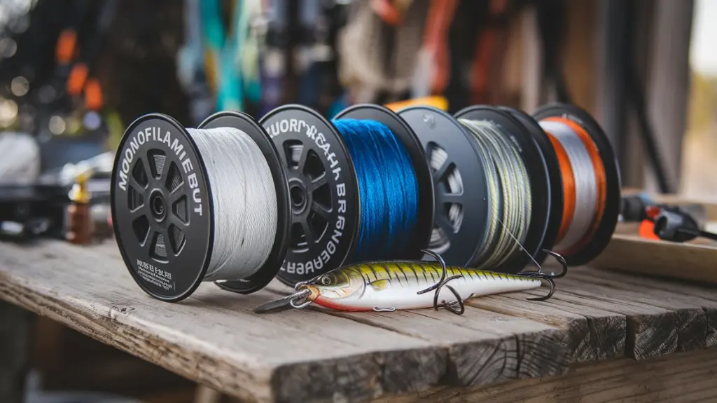 Fishing line spools for bass fishing displayed with a bass lure and hook on a wooden table.  