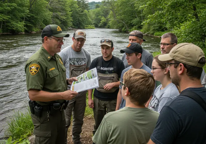 Vermont game warden discussing fishing regulations with anglers by a riverbank. 