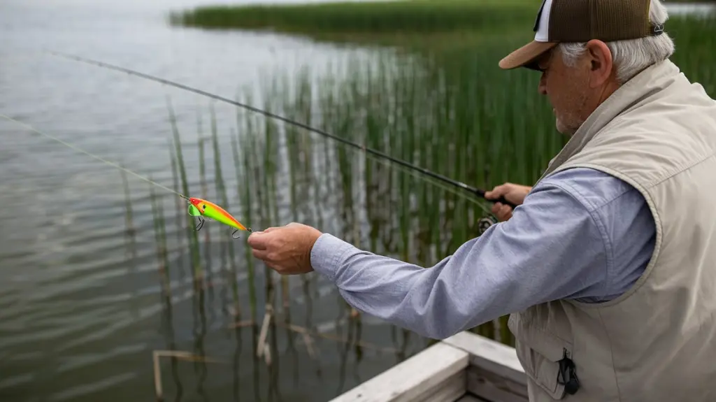 Fisherman casting a spinnerbait lure toward reeds, demonstrating pike fishing techniques.