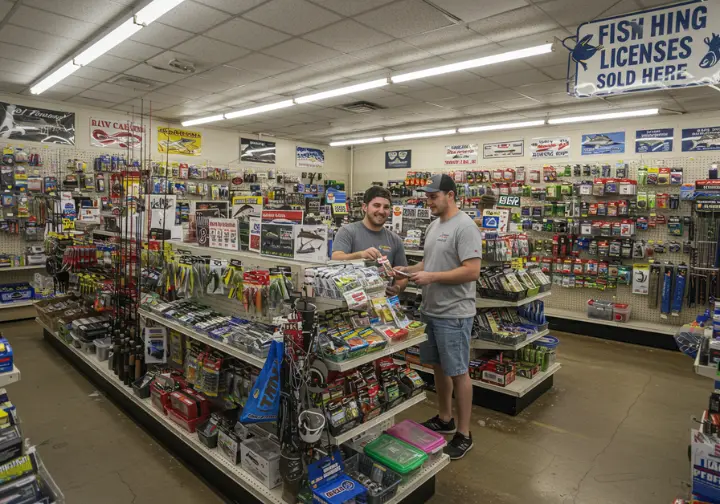 Bait and tackle shop interior with a "Fishing Licenses Sold Here" sign and a clerk helping a customer.