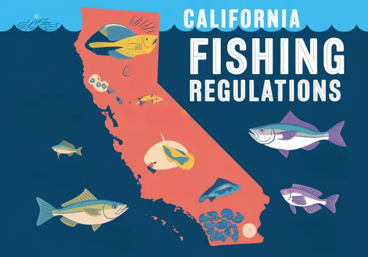 Infographic displaying key California fishing regulations, such as catch limits and protected species, on a state map background.