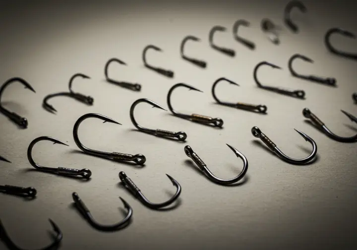 Comparison of fishing hooks with different gauges, lengths, and gaps, labeled to show dimensional differences. 