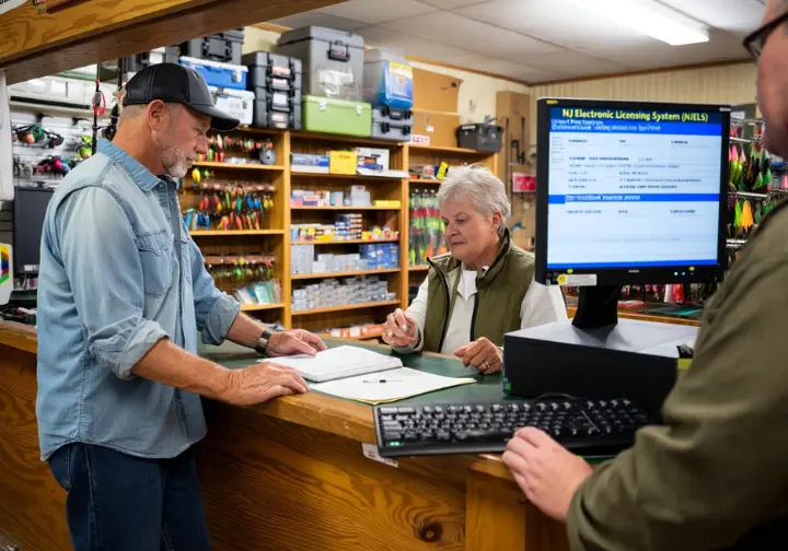 Angler obtaining their NJ fishing license and saltwater registry from an authorized license agent at a tackle shop counter.