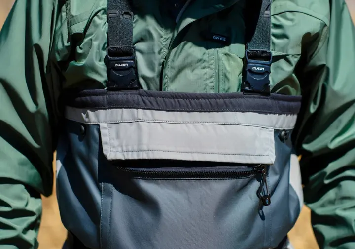 Close-up highlighting key wader features such as chest pockets, handwarmer pockets, and adjustable suspenders.