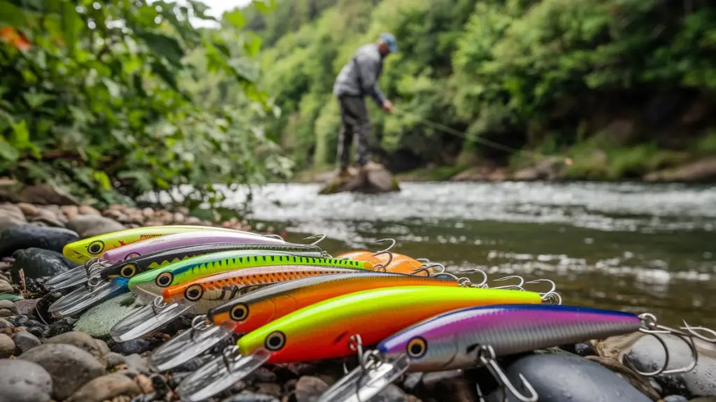 Selection of fishing lures for eddy fishing, showcasing lure fishing techniques.