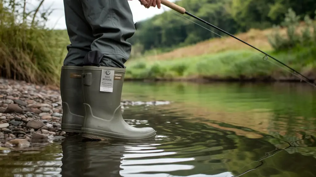 Angler wearing recommended fishing rubber boots by a riverbank in a scenic setting. 