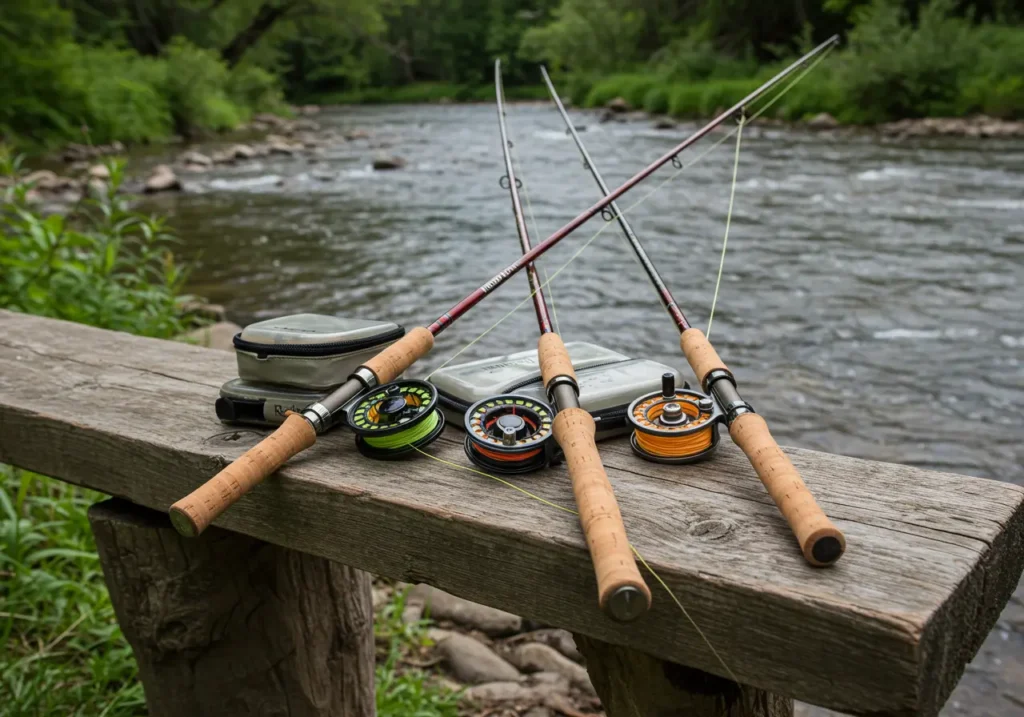 Three Redington fly rod models displayed with reels and fly boxes near a fishing spot.  