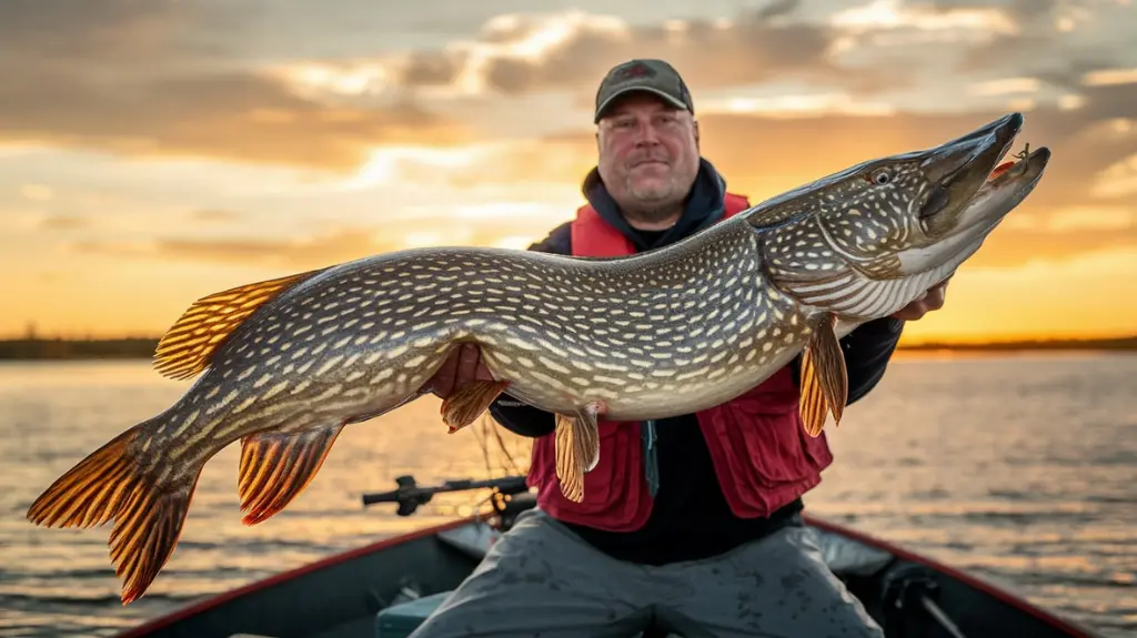 Angler holding a large trophy pike on a boat at sunset.