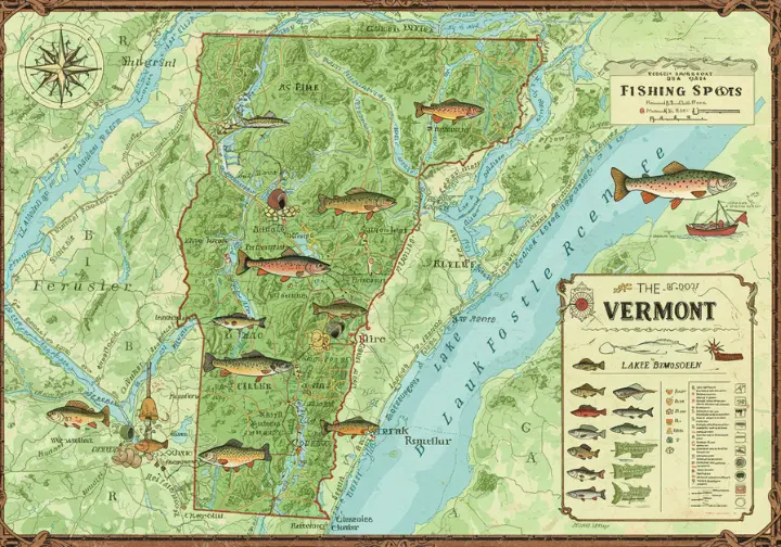 Map of Vermont featuring top fishing locations such as Lake Champlain and the Battenkill River.