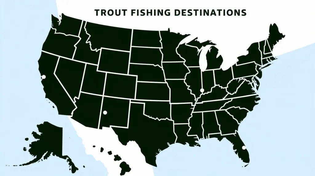 Map graphic showcasing top U.S. trout fishing destinations, including the Yellowstone and Madison rivers. 