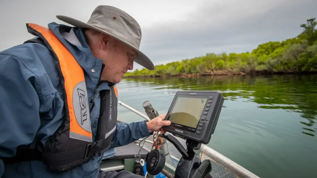 Angler using sonar equipment on a boat for advanced catfishing techniques.