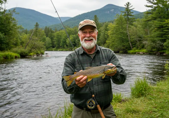 Angler holding a freshly caught trout on a Vermont stream, emphasizing the benefits of having a VT fishing license.