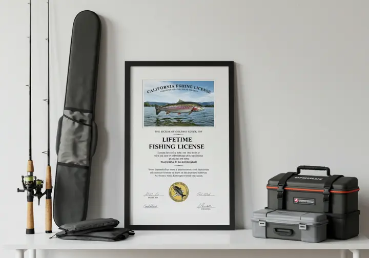 Framed California Lifetime Fishing License certificate displayed with fishing gear. 