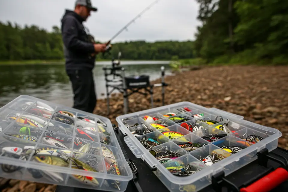 A fisherman selecting the right fishing lure from a tackle box based on the target fish species.