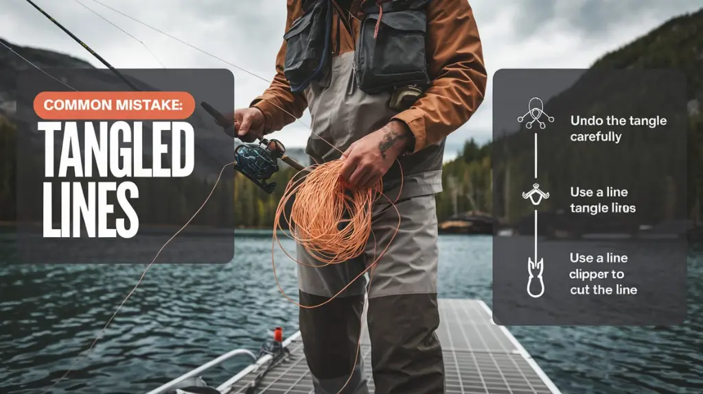 Angler dealing with tangled fishing lines, accompanied by troubleshooting tips for common eddy fishing mistakes.