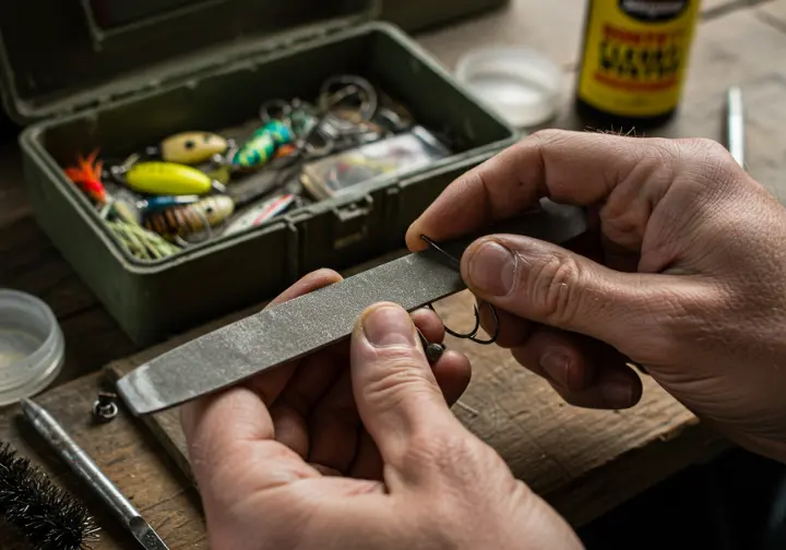 Angler sharpening a fishing hook with a file, showcasing hook maintenance tools.  