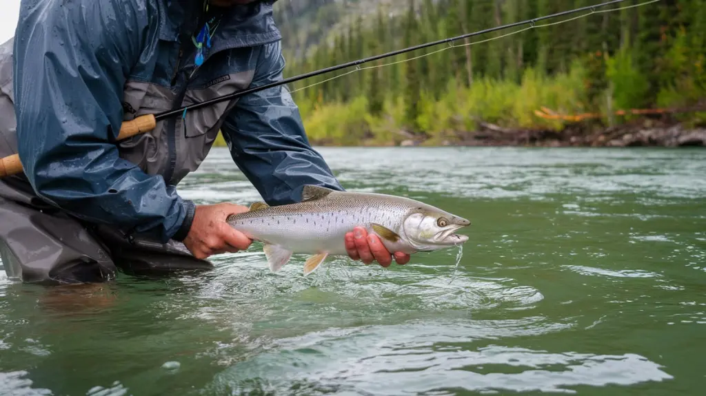 Fisherman practicing catch-and-release in an Alaskan river, promoting responsible angling.