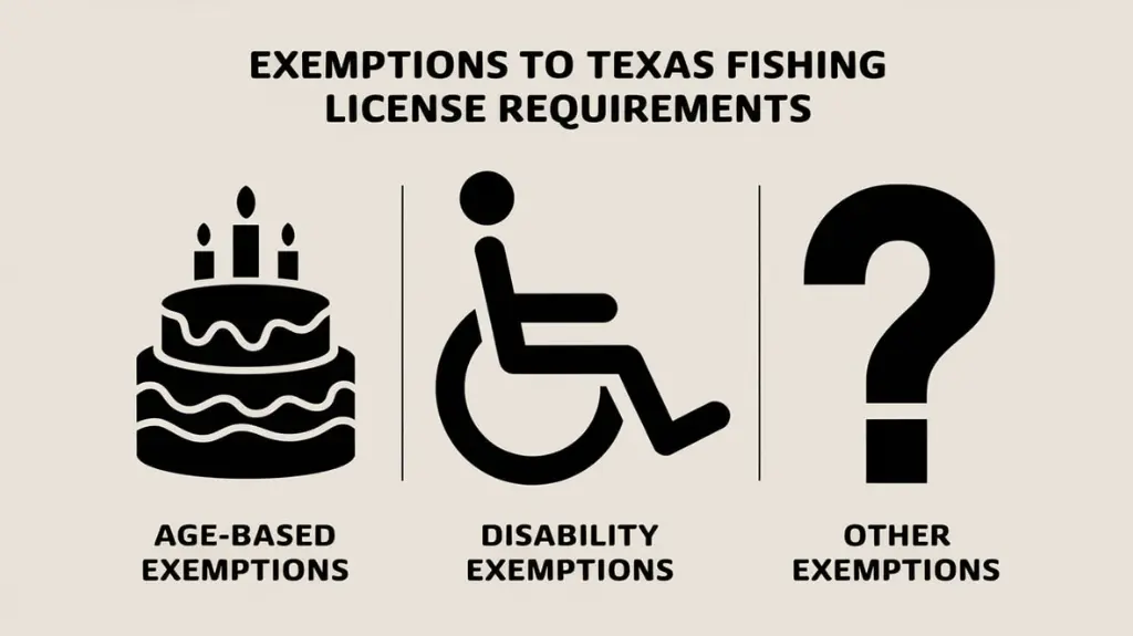 Chart of exemptions to Texas fishing license requirements, including age and disability exemptions.