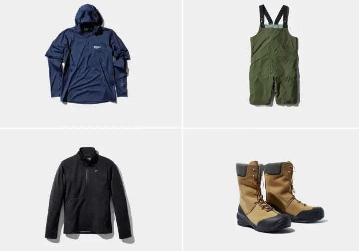 Showcase display of top fishing clothes picks featuring examples of a sun hoodie, waterproof bib, fleece mid-layer, and wading boots.