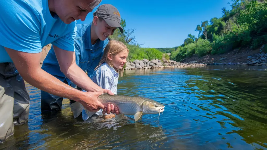 Family practicing responsible catfishing by releasing a catfish back into the river