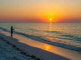 A fisherman casting a line into the turquoise waters of Panama City Beach during sunset.