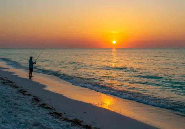 A fisherman casting a line into the turquoise waters of Panama City Beach during sunset.