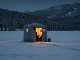 Cozy ice fishing house on a frozen lake, with anglers inside and snow-covered mountains in the background.