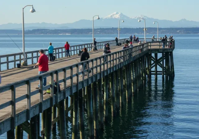 Anglers fishing on Edmonds Pier with the Puget Sound and Olympic Mountains in the background.