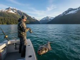 Angler reeling in a halibut on a fishing boat off the coast of Kodiak Island, with snow-capped mountains in the background.