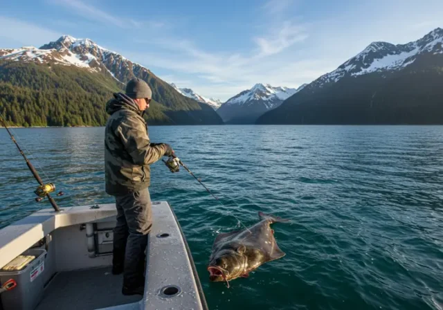 Angler reeling in a halibut on a fishing boat off the coast of Kodiak Island, with snow-capped mountains in the background.