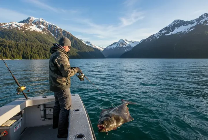 Angler reeling in a halibut on a fishing boat off the coast of Kodiak Island, with snow-capped mountains in the background.