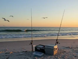 Angler fishing at sunrise on the Outer Banks coastline with fishing gear and waves.