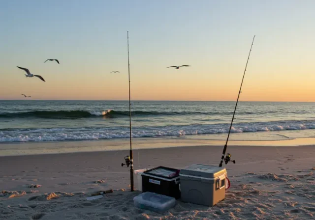 Angler fishing at sunrise on the Outer Banks coastline with fishing gear and waves.