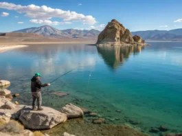 Angler casting a line from a ladder into Pyramid Lake, Nevada, with the pyramid-shaped rock formation in the background.